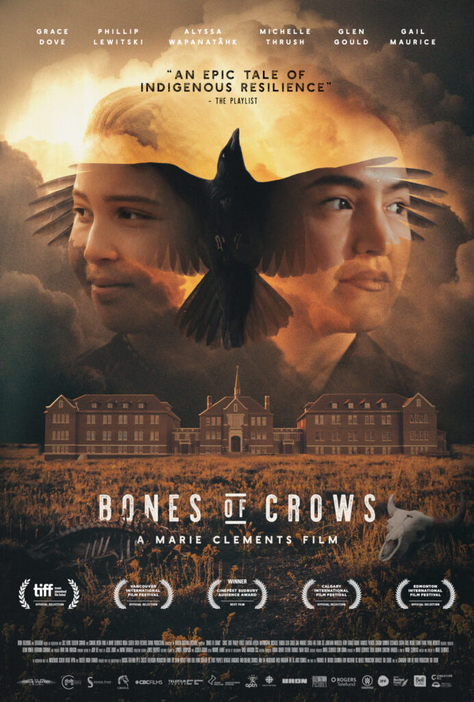 Bones of Crows movie poster with two indigenous women's faces imposed over a residential school, with the shadow of a crow over everything