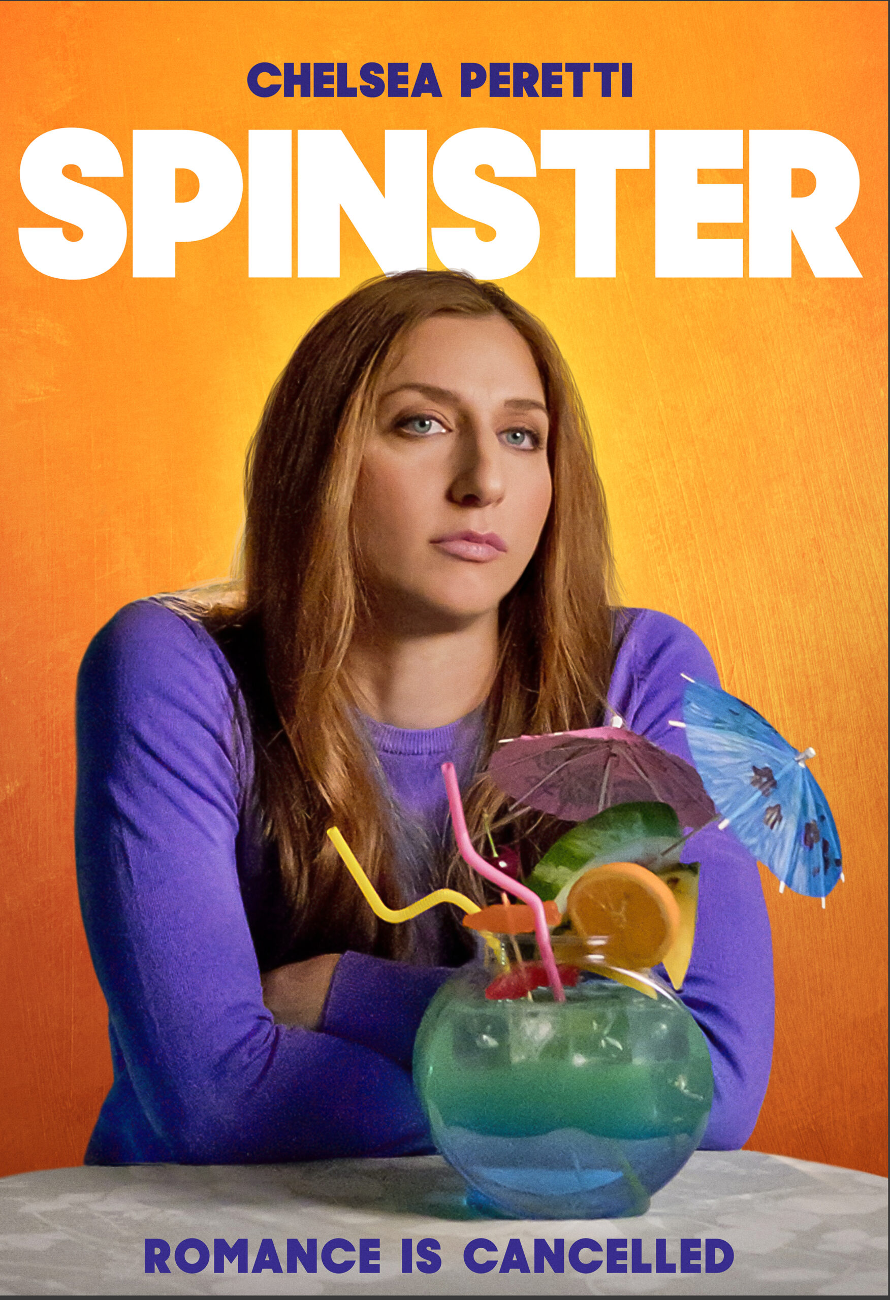 Spinster movie poster, featuring Chelsea Peretti sitting with a fishbowl cocktail