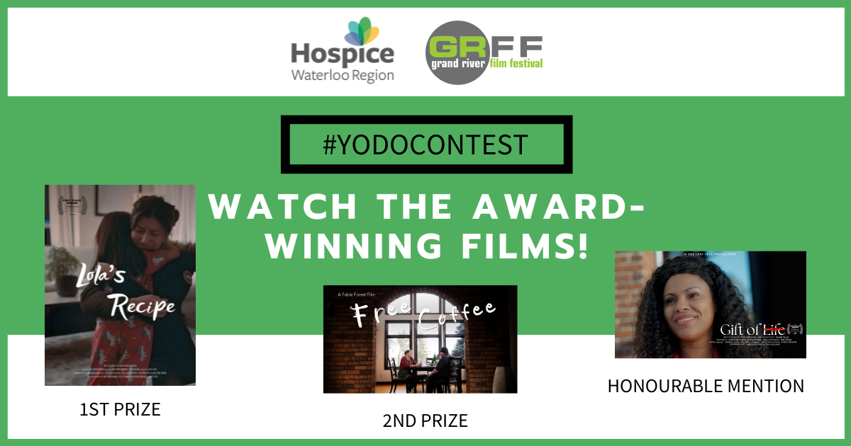 Winners of the YODO contest, with three small movie posters: Lola's recipe, featuring a mother hugging a daughter; Free Coffee, with a man and a woman sitting drinking a coffee in front of a large window; and Gift of Life, a profile of a black woman's smiling face.