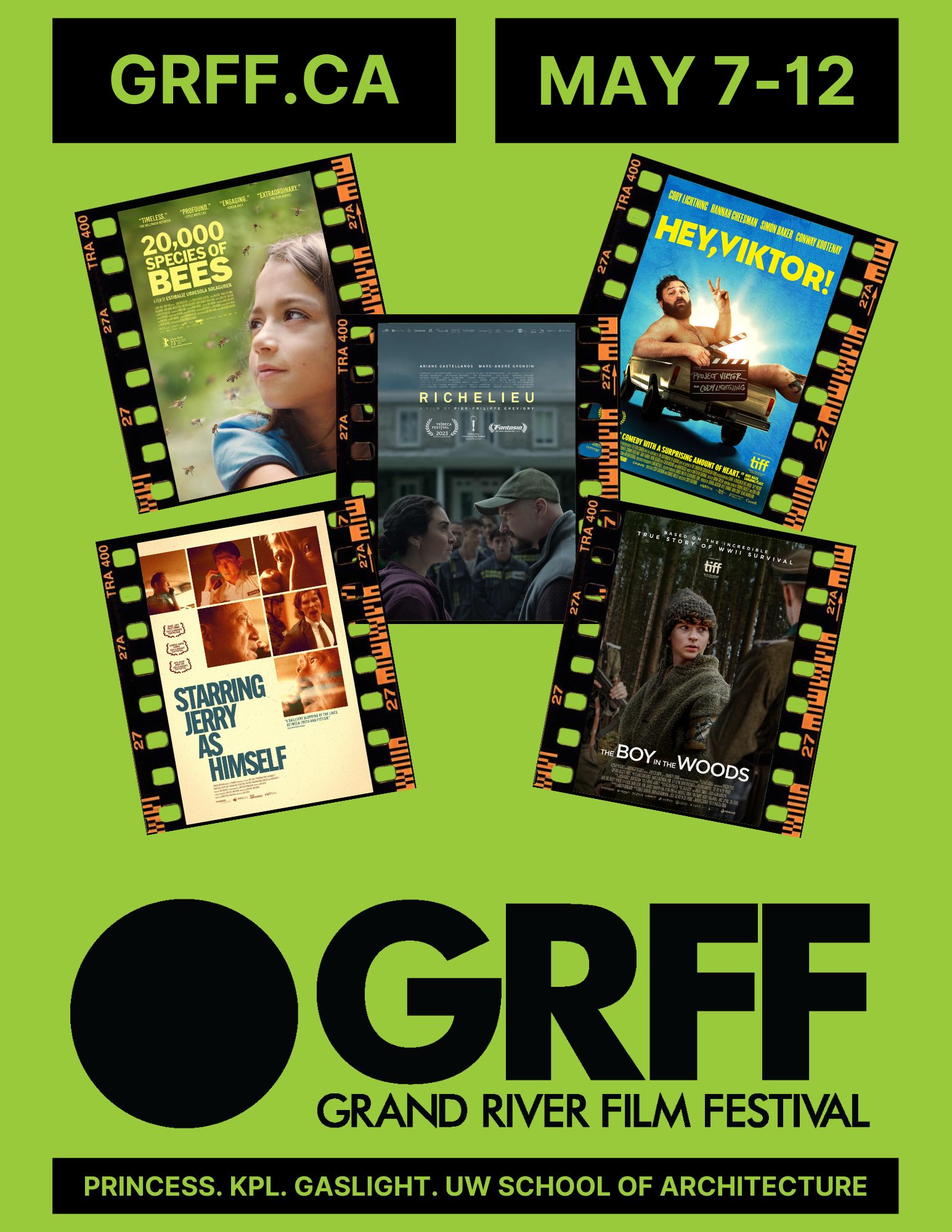 Black text on green background advertising GRFF 2024 May 7-14, with five small posters for the films being shown